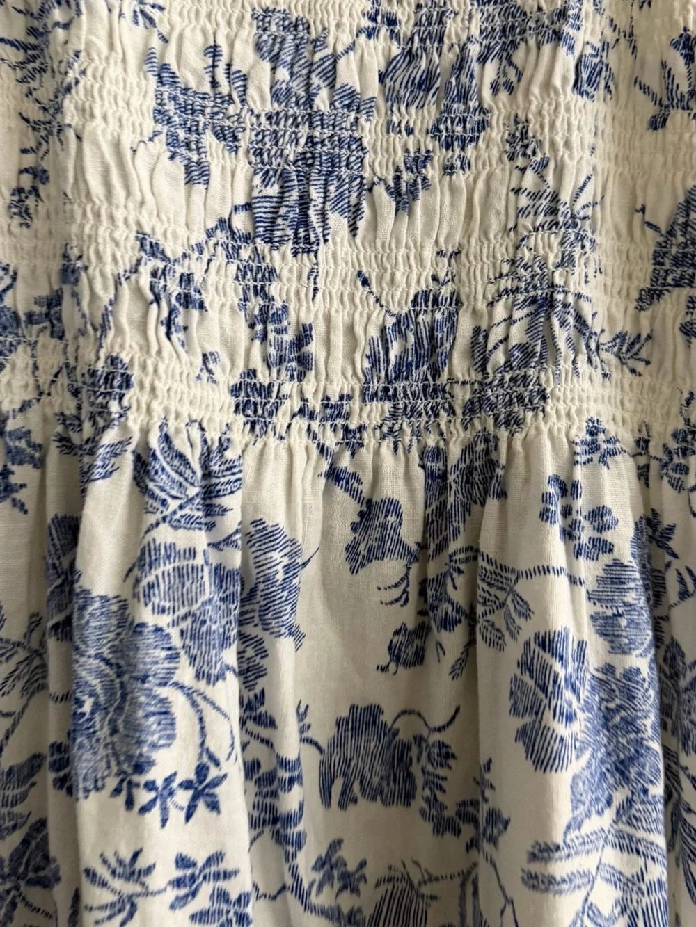 Blue & White Floral Smocked Linen Blend Sundress - Picture 3 of 5
